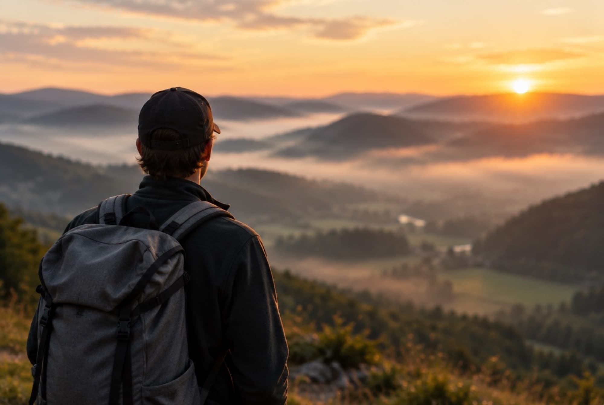 A person with a backpack looking out over a valley at sunrise